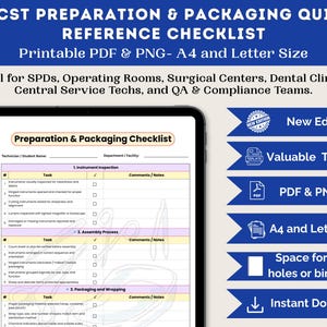 May include: A digital checklist for CRCST preparation and packaging, available in PDF and PNG formats. The checklist is designed for operating rooms, surgical centers, and dental clinics. Features include A4 and Letter size options and instant download.