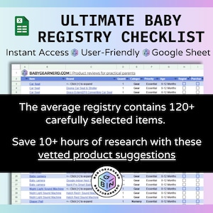 May include: A digital baby registry checklist on a Google Sheet. The image includes the text "ULTIMATE BABY REGISTRY CHECKLIST" and "Instant Access User-Friendly Google Sheet." The checklist contains over 120 carefully selected items.
