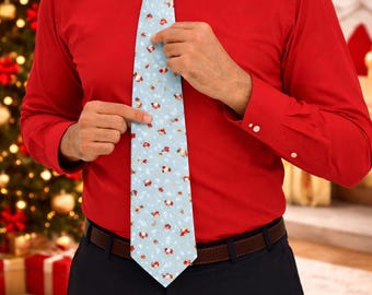 Corbata con estampado de Papá Noel y galletas de jengibre / Corbata navideña azul claro