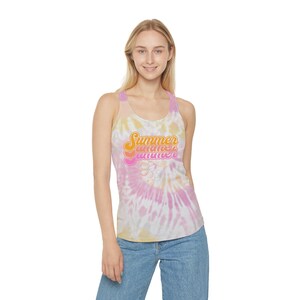 Sunshine Vibes Tie Dye Racerback Tank Top, Different Graphic Styles for each color, Casual Wear, Beach Outfit, Festival Top, Gift for Her
