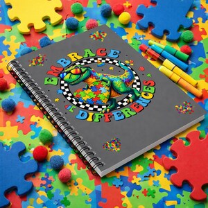 Embrace Differences Dinosaur Autism Spiral Notebook | Puzzle Heart Autism Awareness