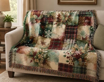Patchwork Floral Plaid Woven Blanket | Cozy Throw, Decorative Home Accent