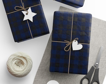 Navy Plaid Wrapping Paper | Dark Blue Check Gift Wrap Roll