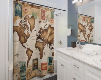 Vintage World Map Shower Curtain | Travel Stamps, Nautical Compass