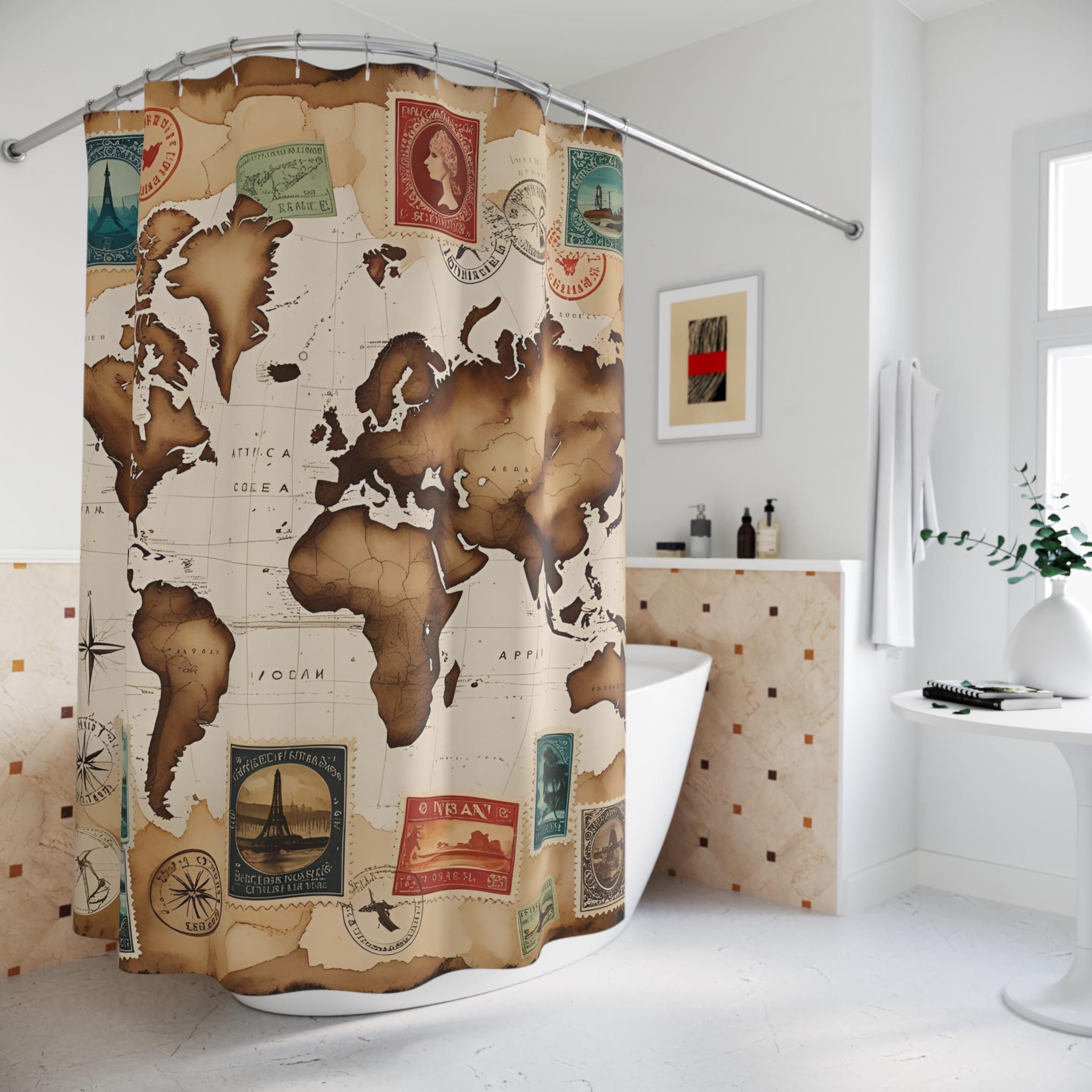 Vintage World Map Shower Curtain | Travel Stamps, Nautical Compass - Etsy