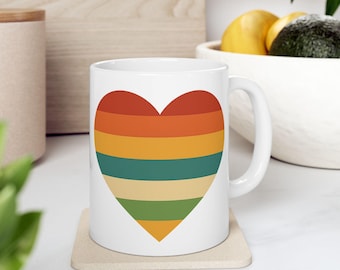 Retro Rainbow Heart Mug | Ceramic Coffee Cup 11oz 15oz