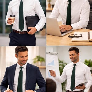 May include: A dark green necktie with a subtle textured pattern, worn with a crisp white long-sleeved button-down shirt, dark trousers, and a brown leather belt. The tie features a classic pointed tip and a structured, professional appearance.
