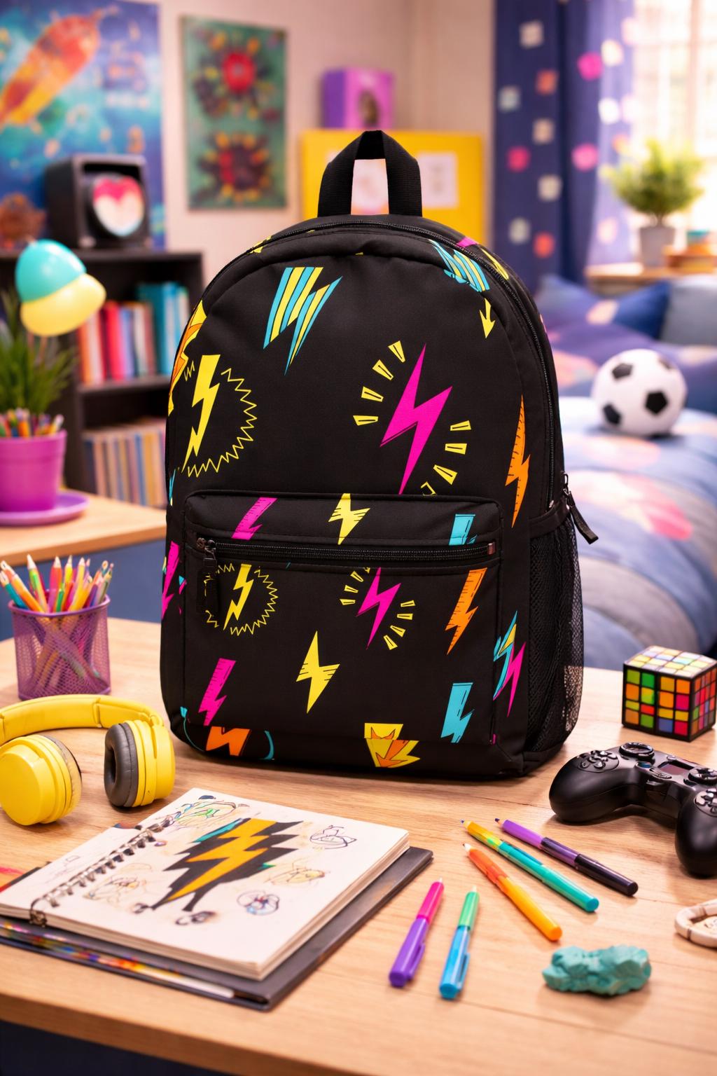 Vibrant Lightning Bolt Backpack – Black, Colorful, School  display picture 1