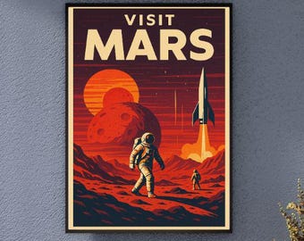Visit Mars Retro Poster – Printable Sci-Fi Wall Art + Bonus PDF – Vintage Space Travel Decor
