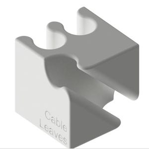 May include: A white cable tidy with three slots and the text "Cable Leaves" on the side. The organiser is designed to hold and manage cables, keeping them neat. The design is a simple, modern, and functional accessory for cable management.