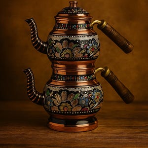 Handmade Copper Turkish Teapot Set, Double Teapot 2.5L, Floral Engraved Samovar Kettle, Traditional Tea Pot, Ottoman Kitchen Decor