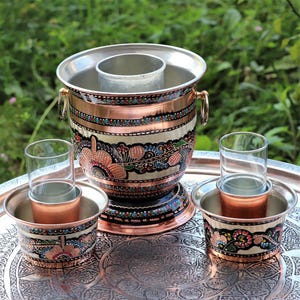 Copper Ice Bucket, Ice &Drinks Cooler,Circular Round Beverage Chiller,Bottle Holder,Flower Decoration Bowl,Gift Item,Bottle Holder with Cups