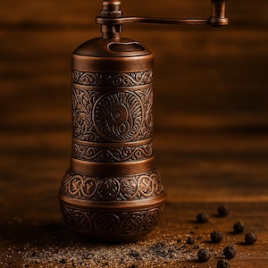 以下が含まれることがあります： 銅色のペッパーグラインダー。複雑な花柄と幾何学模様が施されています。手回しハンドルがあり、木製の表面に置かれています。散らばったペッパーコーンと挽いたペッパーがあります。全体的に装飾的でヴィンテージなデザインです。