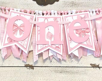 Pink Bows First Birthday Highchair Banner & Ribbon Garland: Pink and White Gingham Decorations
