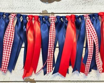 Red Gingham and Navy Blue Ribbon Garland: First Birthday Gingham Highchair Skirt Decoration
