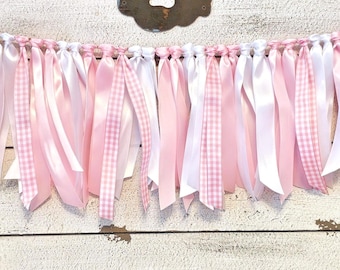 Pink and White Gingham Ribbon Garland: First Birthday Highchair Skirt Decoration