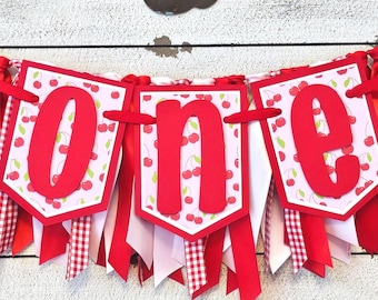 Cherry First Birthday Banner and Ribbon Garland Set: Handcrafted Highchair Banner