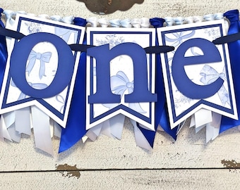 Blue Bows First Birthday Highchair Banner & Ribbon Garland: Handcrafted Party Decorations