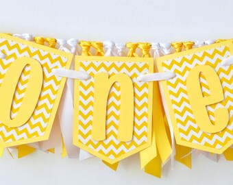 Chevron Highchair Banner and Ribbon Garland Set: Yellow & White First Birthday Decorations