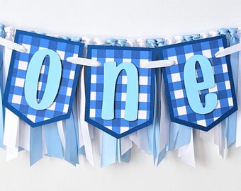Gingham First Birthday Highchair Banner and Ribbon Garland Set: Blue and White Birthday Decor