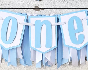 Light Blue and White Highchair Banner Garland Set: First Birthday Party Decor
