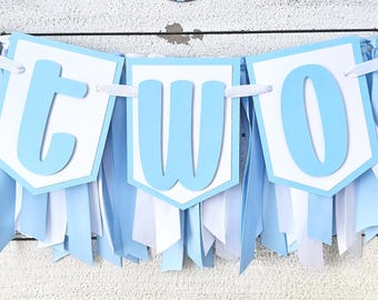 Light Blue and White Highchair Banner Garland Set: Second Birthday Party Decor