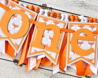 Woodland Fox Highchair Banner and Ribbon Garland Set:  Orange, Gray and White Birthday Decorations