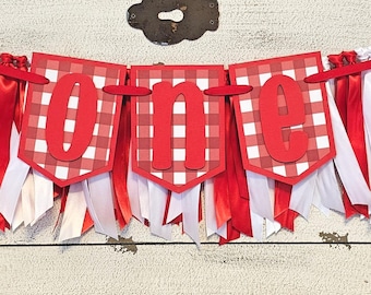 Red and White Gingham Plaid Highchair Banner and Ribbon Garland Set: Handcrafted Party Decor