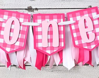 Dark Hot Pink and White Gingham Plaid Highchair Banner and Ribbon Garland Set: Handcrafted Party Decor
