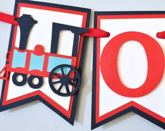 Choo Choo Train Highchair Banner: Red & Navy Birthday Decoration
