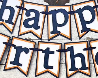 Navy Blue, Orange & White Happy Birthday Banner: Personalized Banner, Handcrafted Party Decor