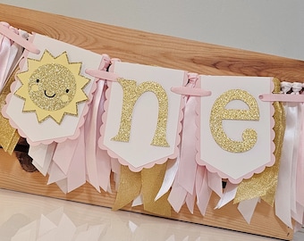 You Are My Sunshine Highchair Banner and Ribbon Garland Set, Pink and Gold, Sunshine First Birthday, Handcrafted Highchair Banner