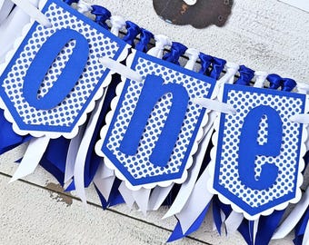 Blue and White Polka Dots First Birthday Highchair Banner and Ribbon Garland Set: Mediterranean Blue and White
