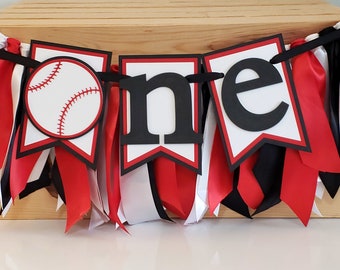 Rookie Year Baseball Highchair Banner and Ribbon Garland Set, Red and Black, Baseball First Birthday, One Banner, Handcrafted Banner