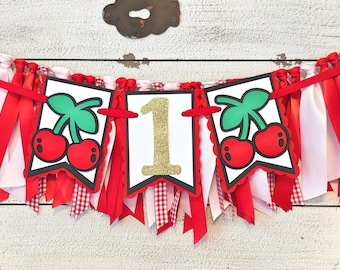 Cherry First Birthday Banner and Ribbon Garland Set: Handcrafted Highchair Party Decorations