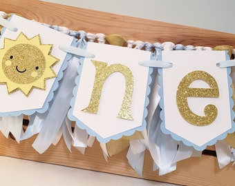 You Are My Sunshine Highchair Banner and Ribbon Garland Set, Light Blue and Gold, Sunshine First Birthday, Handcrafted Highchair Banner