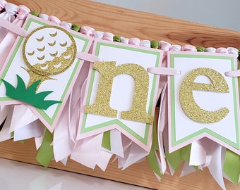 Hole In ONE Golf Highchair Banner and Ribbon Garland Set, Pink and Light Green, Golf First Birthday, One Banner, Handcrafted Banner