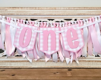 Pink and White Gingham Plaid Highchair Banner and Ribbon Garland Set: Handcrafted Party Decor
