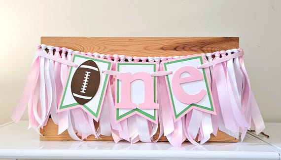 First Year Down Highchair Banner and Ribbon Garland Set, Pink and Green, Pink Football First Birthday, One Banner, Handcrafted Banner