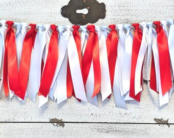 Red, White, and Light Blue Ribbon Garland: Handcrafted Highchair Skirt