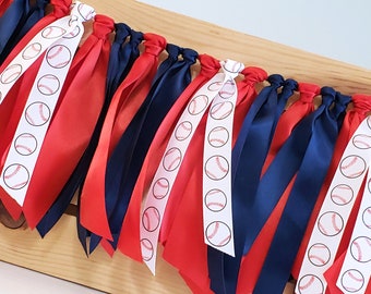 Navy Blue and Red Baseball Ribbon Garland, Highchair Garland, Photo Prop or Party Backdrop, Rookie Year Decorations, Baseball Birthday