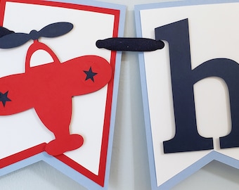 Vintage Airplane Birthday Banner: Red, Navy, & Light Blue Party Decor