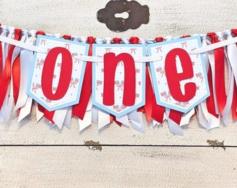 Patriotic First Birthday Highchair Banner and Ribbon Garland Set: Red, Light Blue and White