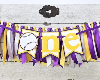 Baseball Highchair Banner and Ribbon Garland Set: Purple and Golden Yellow, Rookie Year Birthday