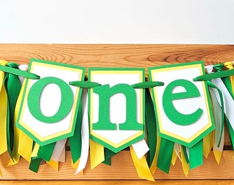 Green, Yellow, and White Highchair Banner and Ribbon Garland Set: First Birthday Party Decorations or Photo Prop