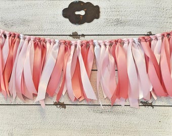 Coral Pink, Light Pink, and White Ribbon Garland: Party Photo Prop, Highchair Decor
