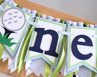 Hole In ONE Golf Highchair Banner and Ribbon Garland Set, Light Blue and Light Green, Golf First Birthday, One Banner, Handcrafted Banner