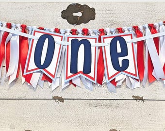 All American First Birthday Highchair Banner and Ribbon Garland Set: Red, Light Blue and White