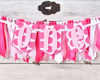Hot Pink and White Polka Dots Highchair Banner and Ribbon Garland Set: Handcrafted Party Decor