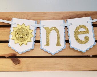 You Are My Sunshine Highchair Pennant Banner, Light Blue and Gold, Sunshine First Birthday, Photo Prop Banner, Handcrafted Highchair Banner